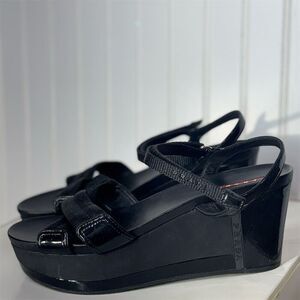 Prada Sport Black Wedge Sandals 40.5 Strappy Platform Hook & Loop Designer Shoes
